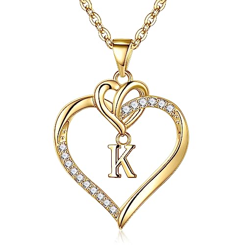 STORUP Heart Initial Necklaces for Women Girls, Initial A-Z Heart Necklace | 14K-Gold-Plated, Initial Heart Necklaces for Teen Girl Jewelry, Anniversary Birthday Gifts for Girls Women Her Wife Mom - color: Gold, style: K