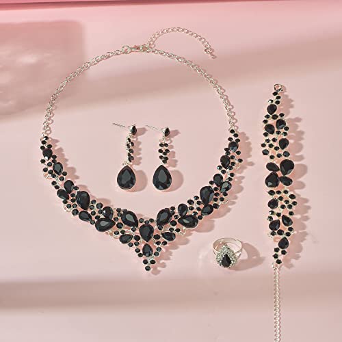 Paxuan Crystal Bridal Wedding Jewelry Sets for Women Rhinestone Teardrop Crystal Statement Choker Necklace Drop Earrings Link Bracelets Rings Teardrop Jewelry Set for Brides Bridesmaids - color: Black