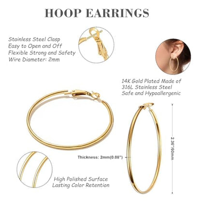 1 Pairs 60/70mm Silver 14K Gold Rose Gold Hoop Earrings for Women Hypoallergenic Stainless Steel Lightweight Big Hoops Shiny Dangle Earrings Trendy Jewelry Gifts - color: 60mm-Gold Hoop Earrings