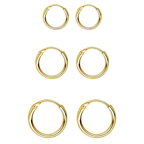 EPIRORA Sterling Silver Hoop Earrings for Women Men, Hypoallergenic Cartilage Earring Endless Small Hoop Earrings Set, 3 Pairs Tragus Earrings (8mm/10mm/12mm) - style: 12# 3 Pairs(10/12/14mm)-Gold