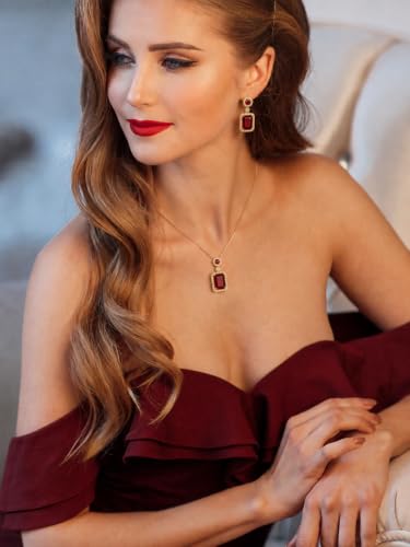 2pcs Cubic Zirconia Wedding Jewelry Sets for Women - Elegant CZ Necklace and Earrings Set with 18K Gold Plated Chain Jewelry Perfect as Special Occasion Gift - color: Red