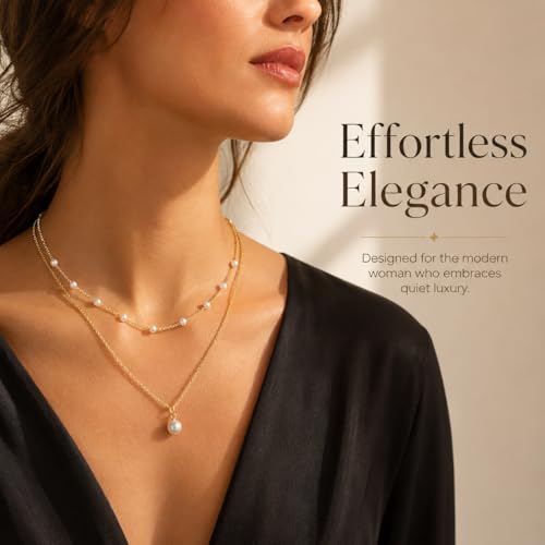 14K Gold Plated Layered Pearl Necklace, Waterproof Double Strand Choker | 14K gold plated, waterproof chains, embedded faux pearl stations, single pendant, fits beach, business or casual wear.