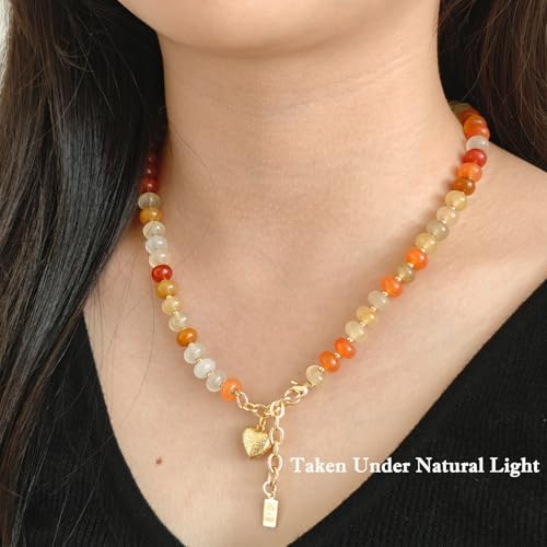 Boho Gemstone Beaded Necklace for Women – Colorful Natural Stone Choker 18K Solid Heart-Shaped Pendant, Summer Beach Jewelry - color: Golden Jade