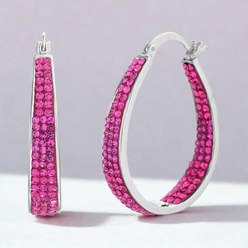 Devin Rose Oval Inside Outside Hoop Earrings for Women Faceted Sparkle Crystals - color: Pink