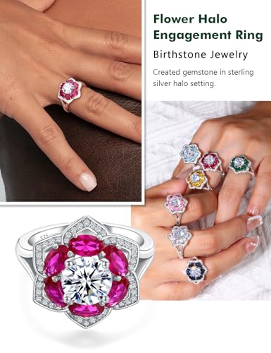 Flower Engagement Promise Ring Sterling Silver Birthstone Rings for Women Sapphire/Emerald/Ruby Gemstone Six Leaf Clover Statement Cocktail Ring Size 6 to 10 - style: 07. July-Created Ruby