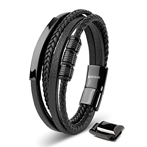 SERASAR Premium Leather Bracelet Men | Stainless Steel Magnetic Clasp | Three Colors | Jewelry Box Included - color: Black, size: 20cm, style: Brave