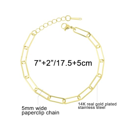 kelistom 14K Gold Filled Stainless Steel Paperclip Chain Bracelet for Women, 7.5” Rectangle Link Bracelets, Waterproof and Never Tarnish - color: 14K gold-5mm+extender
