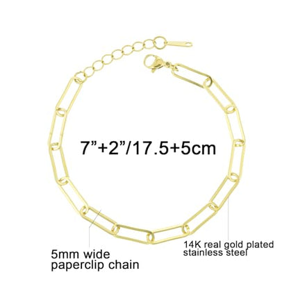 kelistom 14K Gold Filled Stainless Steel Paperclip Chain Bracelet for Women, 7.5” Rectangle Link Bracelets, Waterproof and Never Tarnish - color: 14K gold-5mm+extender
