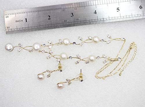 Faship Genuine Freshwater Pearls Floral Necklace Earrings Set | Premium CZ Crystal, Gorgeous, Sparkling - color: Clear/Gold-plated