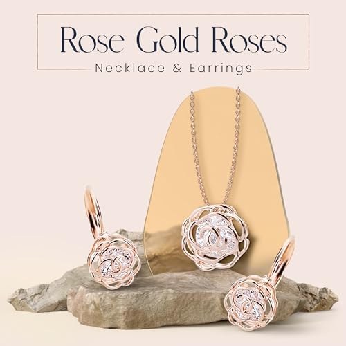 Women 18K Gold Plated White Crystal Roses Flowers Necklace and Earrings Set for Women Wedding Party Bridal Bridesmaid Accessories - color: Rose gold