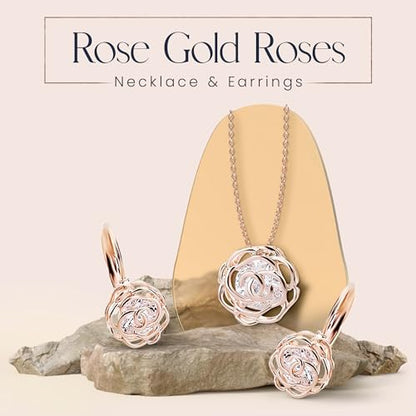 Women 18K Gold Plated White Crystal Roses Flowers Necklace and Earrings Set for Women Wedding Party Bridal Bridesmaid Accessories - color: Rose gold