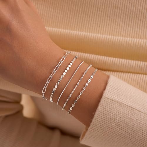5Pcs Thin Silver Plated Bracelets Sets for Women Dainty | Silver Jewelry Trendy Stackable Rope Snake Box Figaro Chain Bracelets Pack Costume Fashion Gifts - style: 5Pcs BRACELET SET-01