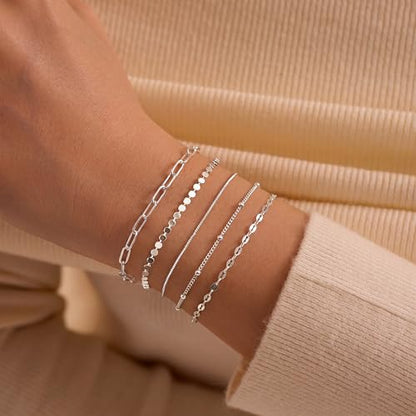 5Pcs Thin Silver Plated Bracelets Sets for Women Dainty | Silver Jewelry Trendy Stackable Rope Snake Box Figaro Chain Bracelets Pack Costume Fashion Gifts - style: 5Pcs BRACELET SET-01