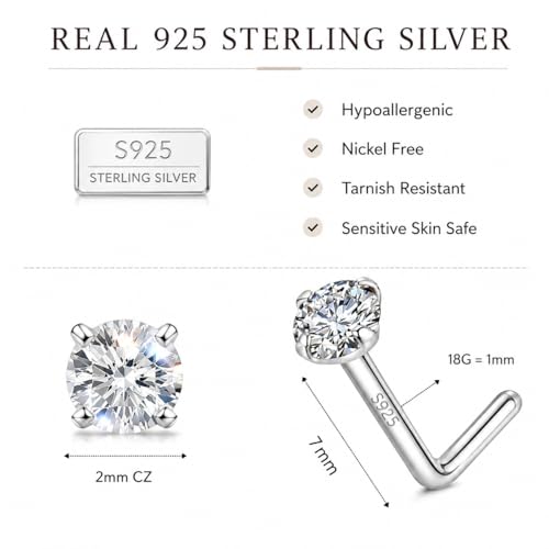 LUCKYJEWUS 925 Sterling Silver Nose Rings Studs for Women Men, 18G / 20G / 22G / 24G L Shaped Nose Stud Nose Piercing Jewelry - size: 2mm CZ, 18 gauge