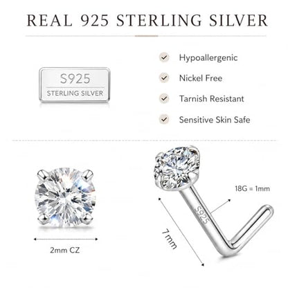 LUCKYJEWUS 925 Sterling Silver Nose Rings Studs for Women Men, 18G / 20G / 22G / 24G L Shaped Nose Stud Nose Piercing Jewelry - size: 2mm CZ, 18 gauge