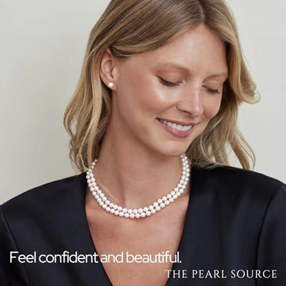 The Pearl Source White Freshwater Double Strand Pearl Necklace for Women - AAA Quality with Sterling Silver - Fine Jewelry Gift