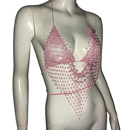Bikini Rhinestone Mesh Top Shirt Crystal Bra Body Chain Festival Rave Crop Tank Top Summer Beach Underwear for Women - color: Pink