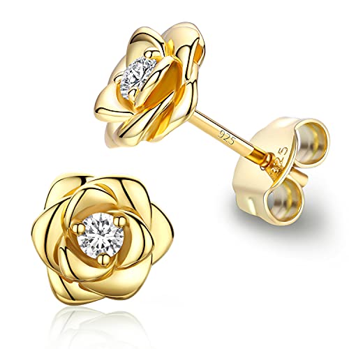 Gold Plated Sterling Silver Rose Flower Earring Studs, Hypoallergenic & Nickel Free Earrings for Women - color: Yellow Gold Plated Silver, size: 9.0 Millimeters