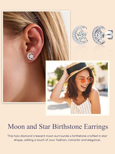 Suplight Sterling Silver Moon and Star Birthstone Crystal for Women with Dainty Silver Necklaces/Stud Earrings 1-12 Month Birthstone Emerald Pendant Sparkling Cubic Zirconia Gem Dainty Jewelry for Birthday Everyday - color: 04.April ( Clear Quartz)