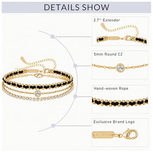 14K Gold Plated Bracelets for Women 2 Pcs Set - Red String & Cubic Zirconia Tennis Bracelet, Layered Stackable Adjustable Wristbands, Hypoallergenic Handmade Jewelry Gifts for Mom Wife Her - color: black