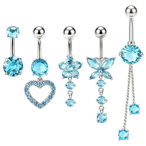 Belly Button Ring Dangle Navel Belly Piercing Jewelry with Cute Heart Butterfly Bow Flower Fake Floating Bellys Buttons Ring for Women Stainless Steel Dainty Dangly Bellys Button Piercing - color: Silver with Blue
