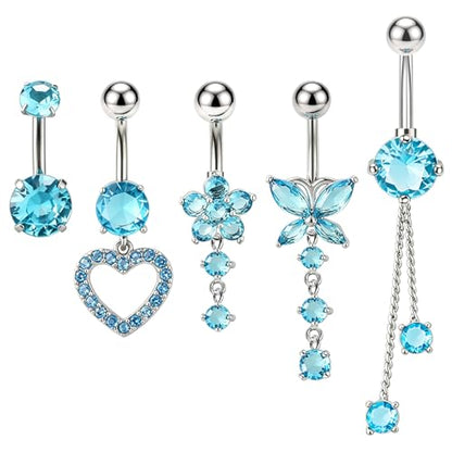 Belly Button Ring Dangle Navel Belly Piercing Jewelry with Cute Heart Butterfly Bow Flower Fake Floating Bellys Buttons Ring for Women Stainless Steel Dainty Dangly Bellys Button Piercing - color: Silver with Blue