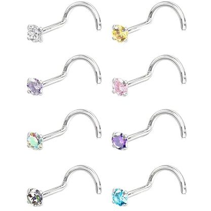 KAYLLE&KT Nose Rings for Women 8Pcs 18G Silver Hypoallergenic Stainless Steel Nose Studs Set Corkscrew Nose Piercing Imitation Diamond Jewelry