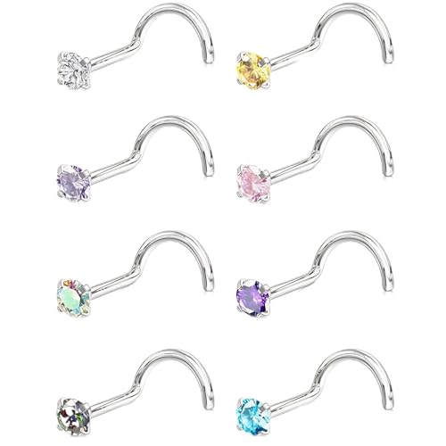 KAYLLE&KT Nose Rings for Women 8Pcs 18G Silver Hypoallergenic Stainless Steel Nose Studs Set Corkscrew Nose Piercing Imitation Diamond Jewelry