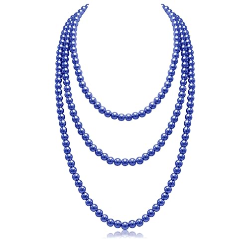 Long Pearl Necklaces for Women Cream White Faux Pearl Strand Layered Necklace Costume Jewelry - color: Navy Blue