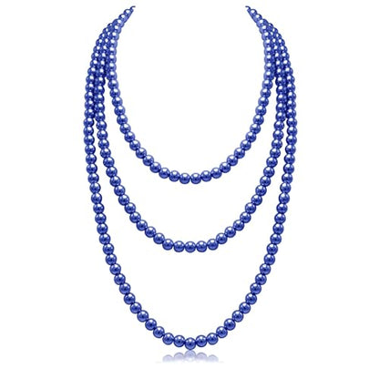 Long Pearl Necklaces for Women Cream White Faux Pearl Strand Layered Necklace Costume Jewelry - color: Navy Blue