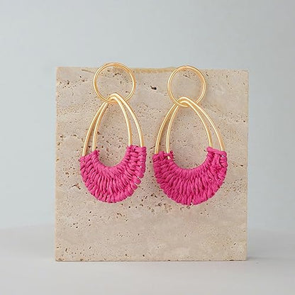Raffia Hoop Earrings for Women Fun Boho Summer Beach Earrings Lightweight Handmade Straw Wicker Rattan Dangle Earrings Statement Geometric Round Drop Earrings - color: Hot Pink - Teardrop
