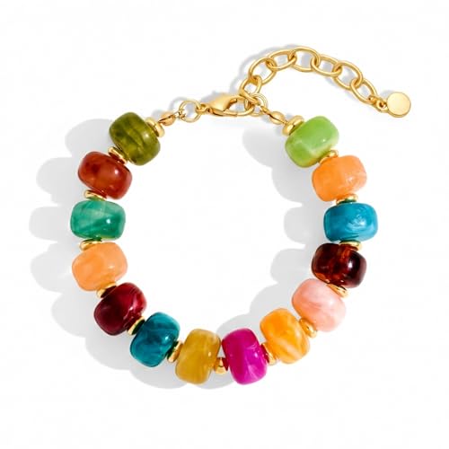 WOWORAMA Colorful Beaded Bracelets for Women Multicolor Acrylic Resin Beads Bracelet with Heart Charm Boho Statement Chunky Bracelet Summer Holiday Jewelry - color: Bead-Colorful