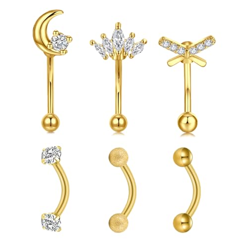 AVYRING 16g Rook Piercing Jewelry Gold Silver Eyebrow Rings Curved Barbell Daith Earrings for Women Horseshoe Septum Hoop Helix Earrings Surgical Steel Belly Button Rings Vertical Labret Lip Jewelry - style: B1- 6pcs -gold