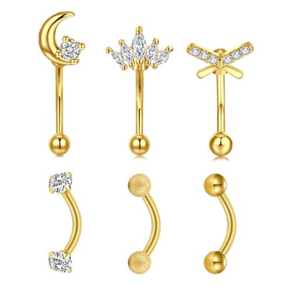 AVYRING 16g Rook Piercing Jewelry Gold Silver Eyebrow Rings Curved Barbell Daith Earrings for Women Horseshoe Septum Hoop Helix Earrings Surgical Steel Belly Button Rings Vertical Labret Lip Jewelry - style: B1- 6pcs -gold