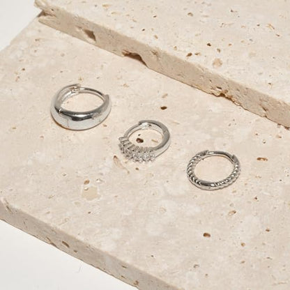 3 Pairs Huggie Hoop Earring Set 18K Gold Plated Cubic Zirconia Cartilage Earrings, Multi Piercings Ear Jacket Earring Climber Stud Earring for Women Everyday Earrings - color: 3 CZ Silver