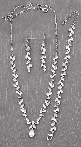 Cubic Zirconia Jewelry Sets for women Brides Bridesmaid Necklace Dangle Earrings Link Bracelet for Wedding Prom Costume Party Events - color: White-Platinum Plated