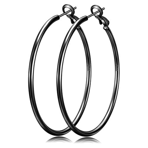 Senteria 2mm Thin 925 Sterling Silver Hoop Earrings for Women Hypoallergenic - color: black 50mm