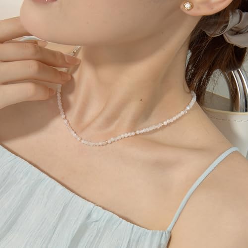 ARSIS Genuine Beaded Gemstone Necklace for Women, Colorful Natural Stone Handmade Bead Choker, Personalized Birthstone Necklace, Boho Summer Beach Necklace Layering Stackable Jewelry Gift - color: Mother of Pearl (April)