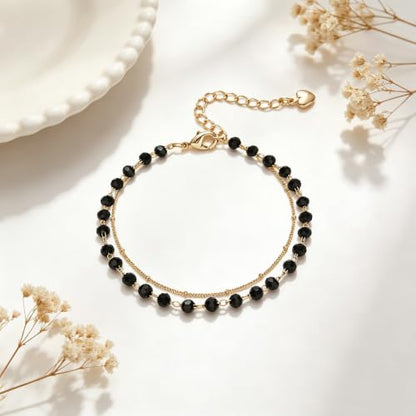 Gold Bracelets for Women Dainty 14K Gold Plated Layered Chain Bracelets Turquoise Green Aventurine Crystal Beaded Bracelets for Women - color: Black Beades