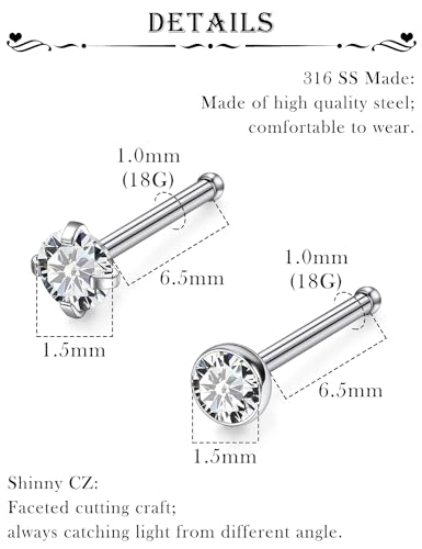 18G 20G 22G Stainless Surgical Steel Titanium Nose Rings Studs for Women L Shaped Nose Studs Screw Nose Rings Nostrial Piercing Jewelry for Women Men Silver Gold Black - style: 18G/1.5mm CZ/Straight/Silver