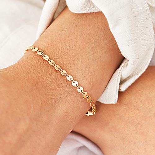 Womens Dainty Gold Chain Bracelet,Simple Layered Chain Bracelets,Beaded Turquoise Bracelet,Charm Crystal Bar,Heart,Karma,Triangle,Pearl Bracelets for Women - color: Gold Coin Chain