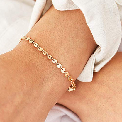 Womens Dainty Gold Chain Bracelet,Simple Layered Chain Bracelets,Beaded Turquoise Bracelet,Charm Crystal Bar,Heart,Karma,Triangle,Pearl Bracelets for Women - color: Gold Coin Chain
