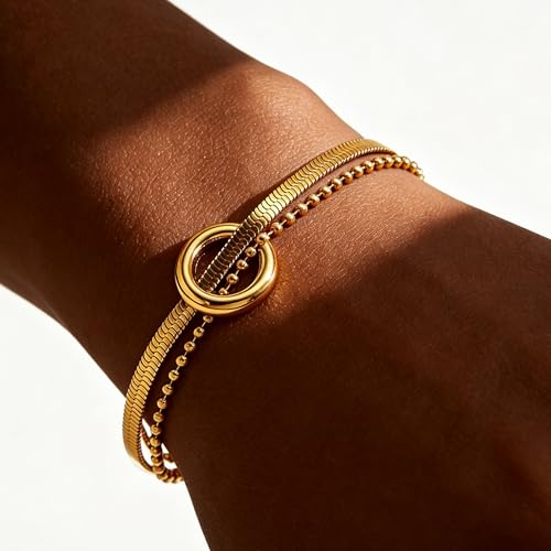 CTRLZTEAM 14K 18K Gold Plated Layered Bracelets for Women Stacked Bracelet | 14K 18K gold plated multi layer bracelets combine distinct chains with single clasp for instant pre-stacked style - style: Integrated Dual-Strand Snake Chain