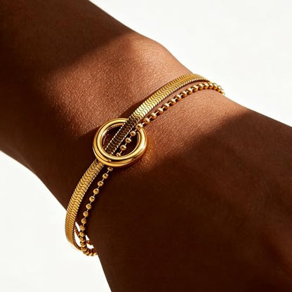 CTRLZTEAM 14K 18K Gold Plated Layered Bracelets for Women Stacked Bracelet | 14K 18K gold plated multi layer bracelets combine distinct chains with single clasp for instant pre-stacked style - style: Integrated Dual-Strand Snake Chain