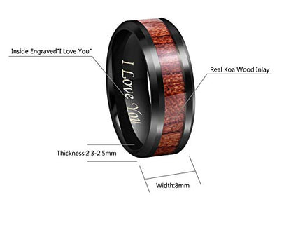 CROWNAL 4mm 8mm Rare Koa Wood/Abalone Shell/Genuine Crushed Fire Opal Inlay Tungsten Carbide Ring Men Women Wedding Band High Polished Engraved I Love You Size 7 To 17 - color: Koa Wood Black 8mm