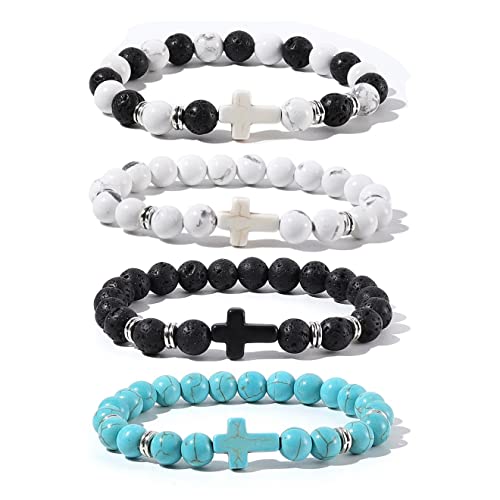 8MM Ornament Lava Volcanic Stone Beads Turquoise Cross Elastic Stretch Bracelet Religion Bangle for Women Men - color: 4pcs