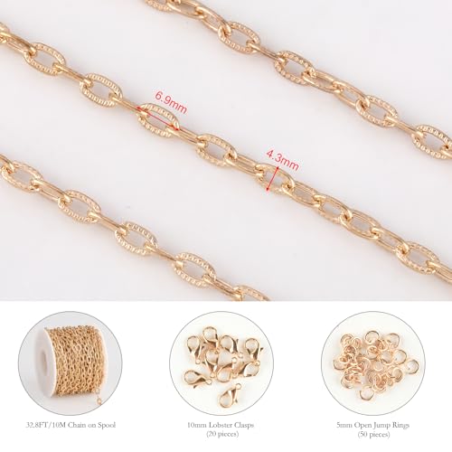 KYUNHOO 32.8 Feet KC Gold Plated Iron Chains for Jewelry Making Oval Paperclip Chain Link on Spool Texture Jewelry Making Chains for Handcraft DIY Supply Jewelry Findings - color: Embossed Gold