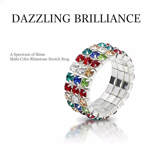 Sparkling Rhinestone Ring Set Trendy Elastic Rhinestone Crystal Stretch Ring Stackable Jewelry for Women Girls - color: 3 Rows Ring-Colorful