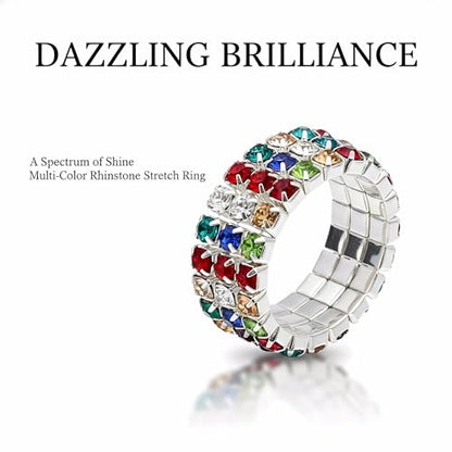 Sparkling Rhinestone Ring Set Trendy Elastic Rhinestone Crystal Stretch Ring Stackable Jewelry for Women Girls - color: 3 Rows Ring-Colorful
