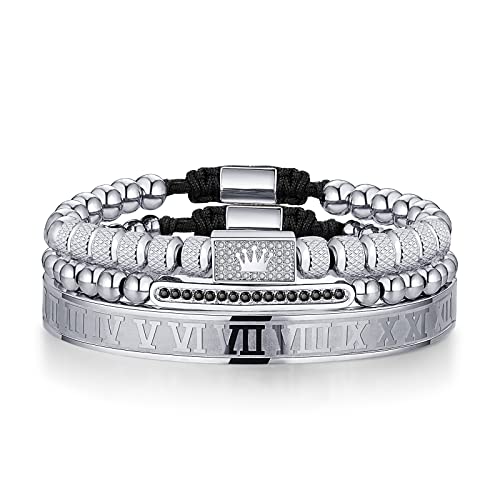 WFYOU 3PCS Stainless Steel Imperial Crown Bracelets for Men Gold Roman Numeral Bangle Bracelet Adjustable Cuff Bracelet Mens Luxury Jewelry Gifts - style: 04:silver-Small Crown
